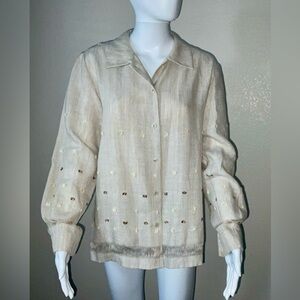 Vintage beige linen button up blouse with embroidered dot accents women’s sz 8